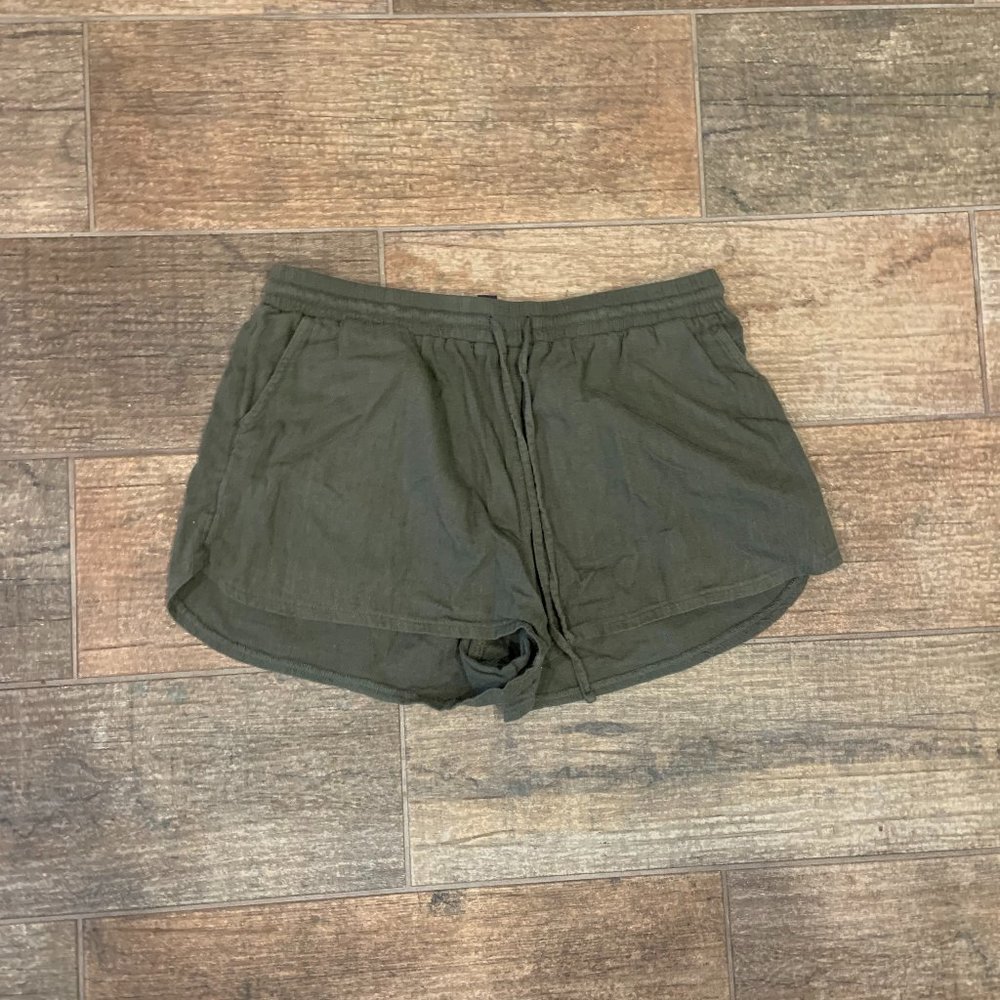 Olive Green Linen Shorts with Tie, Size S